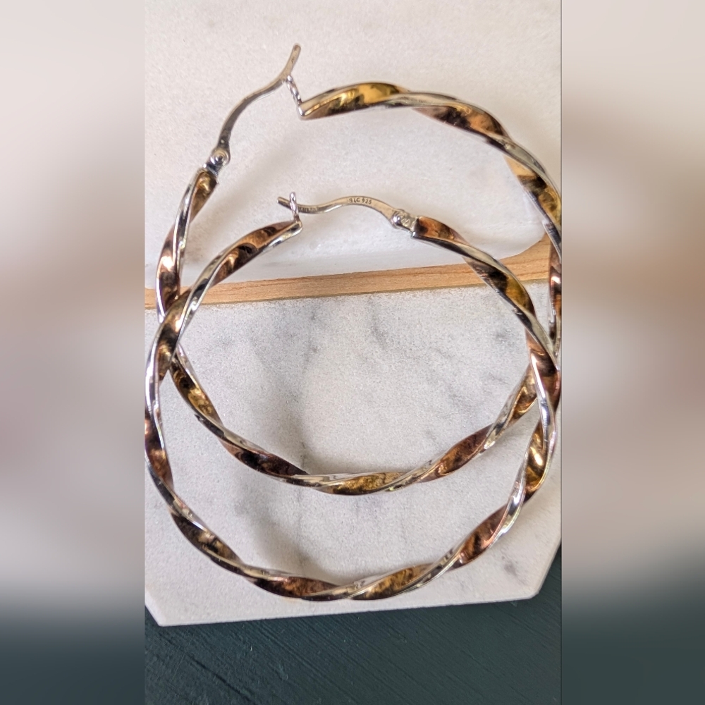 Bold Silver and Brown Twisted Hoop Earrings